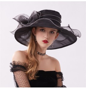 Women's wide brim church hats flowers Sun hat Flower Organza Folding Fashion Beach Hat